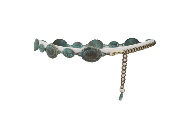Women Antique Vintage Gold Metal Chain Ethnic Charms Bohemian Fashion Belt Turquoise Blue Color S M