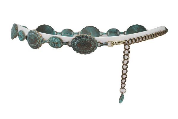 Women Antique Vintage Gold Metal Chain Ethnic Charms Bohemian Fashion Belt Turquoise Blue Color S M