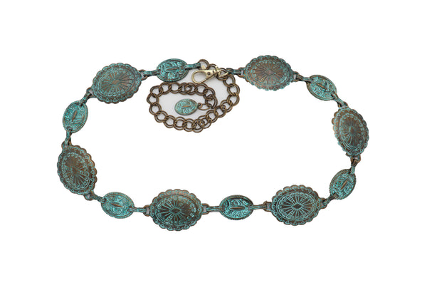 Women Antique Vintage Gold Metal Chain Ethnic Charms Bohemian Fashion Belt Turquoise Blue Color S M