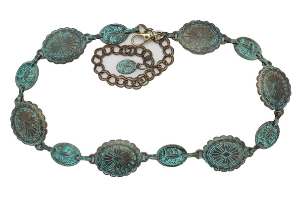 Women Antique Vintage Gold Metal Chain Ethnic Charms Bohemian Fashion Belt Turquoise Blue Color S M