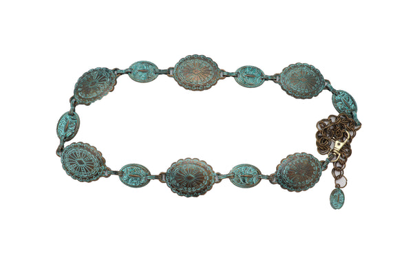 Women Antique Vintage Gold Metal Chain Ethnic Charms Bohemian Fashion Belt Turquoise Blue Color S M