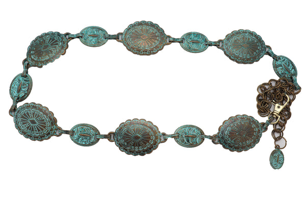 Women Antique Vintage Gold Metal Chain Ethnic Charms Bohemian Fashion Belt Turquoise Blue Color S M