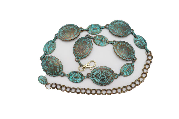 Women Antique Vintage Gold Metal Chain Ethnic Charms Bohemian Fashion Belt Turquoise Blue Color S M