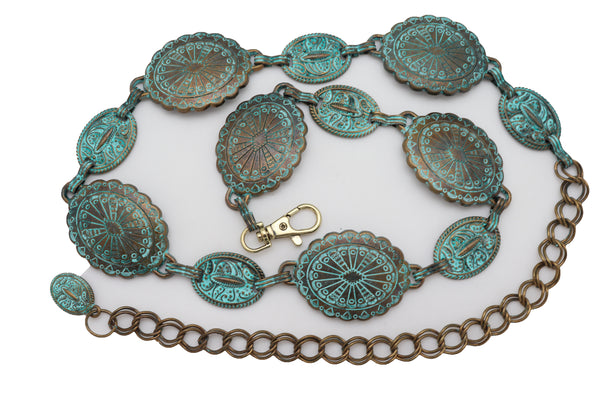 Women Antique Vintage Gold Metal Chain Ethnic Charms Bohemian Fashion Belt Turquoise Blue Color S M