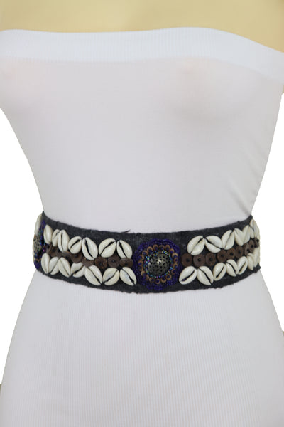 Brand New Women Waist Hip Ethnic Seashell Charm Black Fabric Tie Fashion Indian Belt Size M L XL