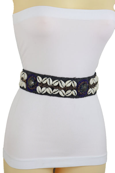 Brand New Women Waist Hip Ethnic Seashell Charm Black Fabric Tie Fashion Indian Belt Size M L XL