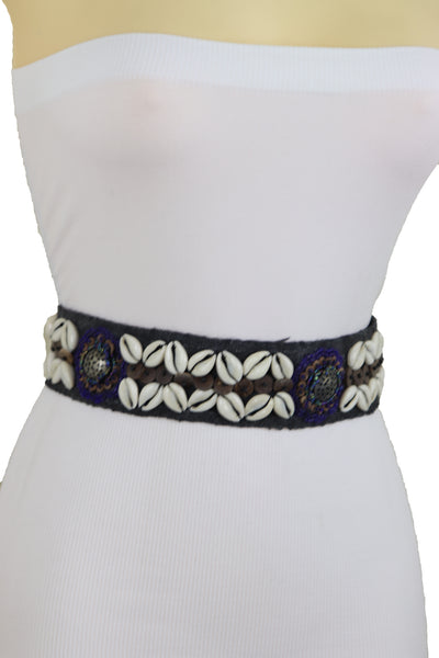 Brand New Women Waist Hip Ethnic Seashell Charm Black Fabric Tie Fashion Indian Belt Size M L XL