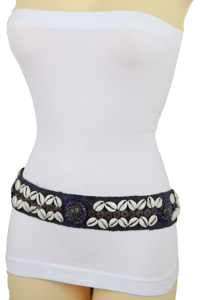 Brand New Women Waist Hip Ethnic Seashell Charm Black Fabric Tie Fashion Indian Belt Size M L XL