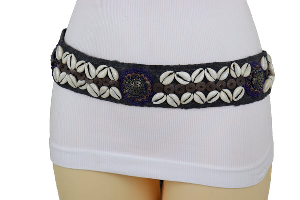 Brand New Women Waist Hip Ethnic Seashell Charm Black Fabric Tie Fashion Indian Belt Size M L XL
