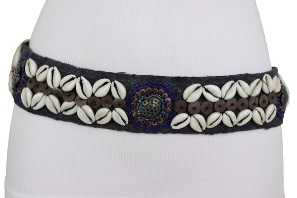 Brand New Women Waist Hip Ethnic Seashell Charm Black Fabric Tie Fashion Indian Belt Size M L XL