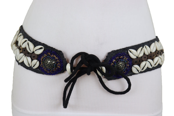 Brand New Women Waist Hip Ethnic Seashell Charm Black Fabric Tie Fashion Indian Belt Size M L XL