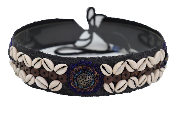 Brand New Women Waist Hip Ethnic Seashell Charm Black Fabric Tie Fashion Indian Belt Size M L XL