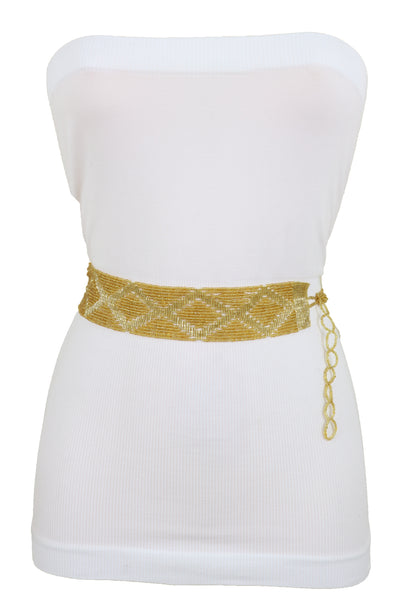 Women Tie Fashion Belt Yellow Gold Beads Wrap Around Hip High Waist Adjustable Size Band M L