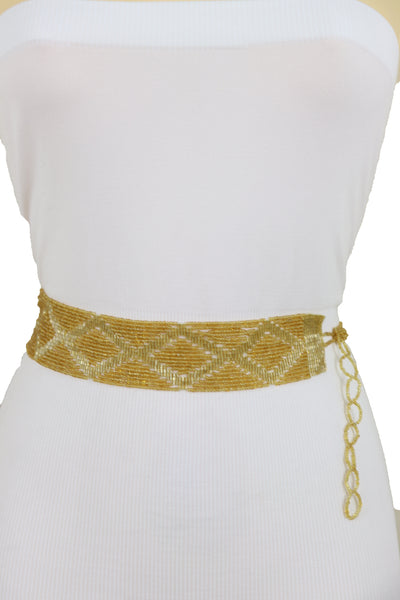 Women Tie Fashion Belt Yellow Gold Beads Wrap Around Hip High Waist Adjustable Size Band M L
