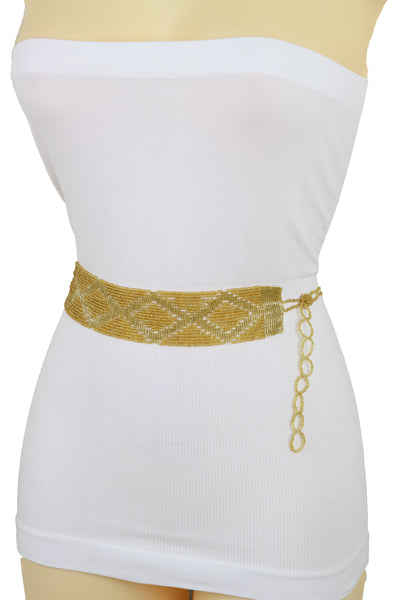 Women Tie Fashion Belt Yellow Gold Beads Wrap Around Hip High Waist Adjustable Size Band M L