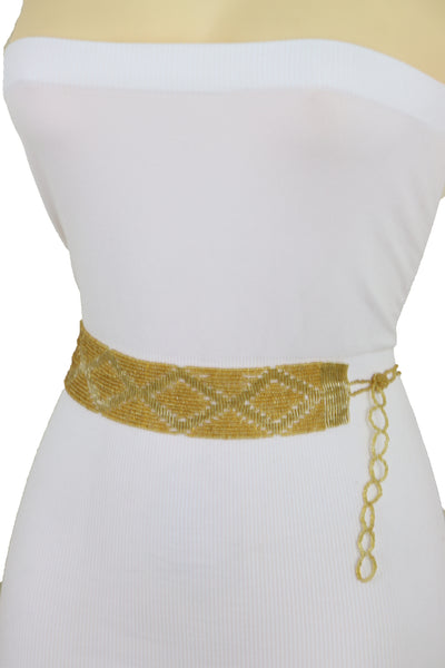 Women Tie Fashion Belt Yellow Gold Beads Wrap Around Hip High Waist Adjustable Size Band M L