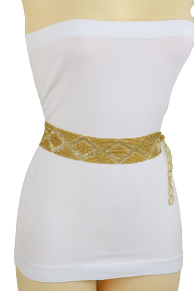 Women Tie Fashion Belt Yellow Gold Beads Wrap Around Hip High Waist Adjustable Size Band M L