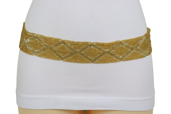 Women Tie Fashion Belt Yellow Gold Beads Wrap Around Hip High Waist Adjustable Size Band M L