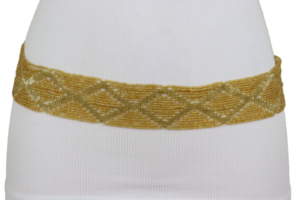 Women Tie Fashion Belt Yellow Gold Beads Wrap Around Hip High Waist Adjustable Size Band M L