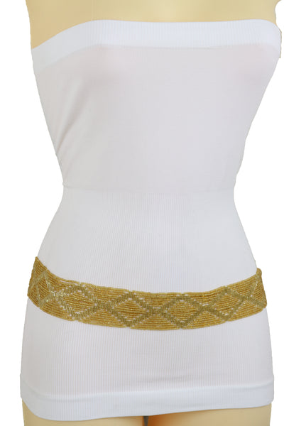 Women Tie Fashion Belt Yellow Gold Beads Wrap Around Hip High Waist Adjustable Size Band M L