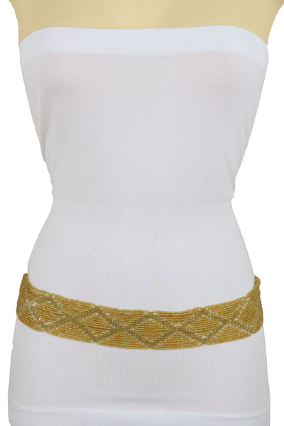 Women Tie Fashion Belt Yellow Gold Beads Wrap Around Hip High Waist Adjustable Size Band M L