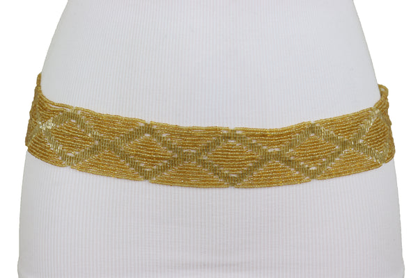 Women Tie Fashion Belt Yellow Gold Beads Wrap Around Hip High Waist Adjustable Size Band M L