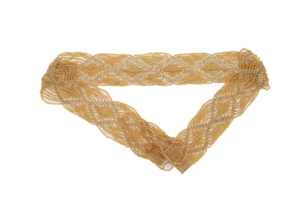 Women Tie Fashion Belt Yellow Gold Beads Wrap Around Hip High Waist Adjustable Size Band M L