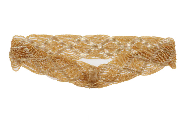 Women Tie Fashion Belt Yellow Gold Beads Wrap Around Hip High Waist Adjustable Size Band M L