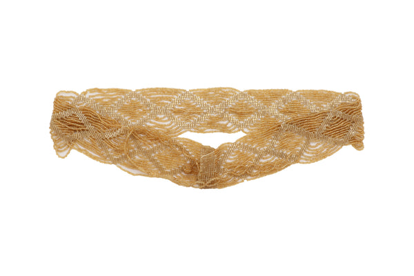 Women Tie Fashion Belt Yellow Gold Beads Wrap Around Hip High Waist Adjustable Size Band M L
