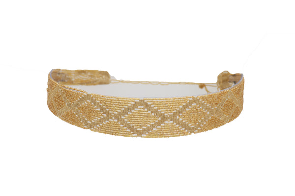 Women Tie Fashion Belt Yellow Gold Beads Wrap Around Hip High Waist Adjustable Size Band M L