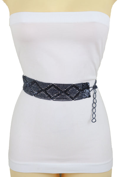 Brand New Women Hip High Waist Navy Blue Beads Waistband Wrap Around Tie Belt Fit Size M L