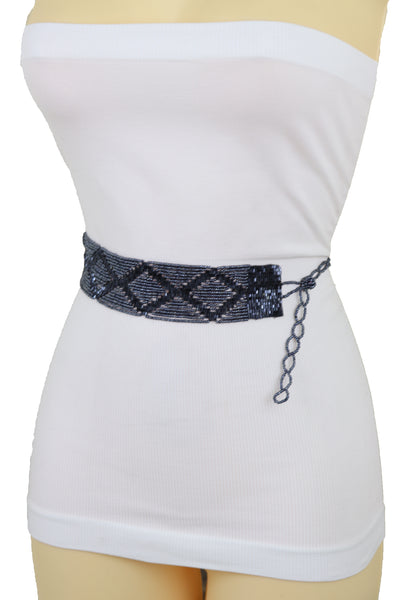 Brand New Women Hip High Waist Navy Blue Beads Waistband Wrap Around Tie Belt Fit Size M L