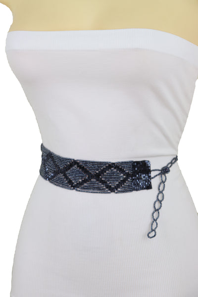 Brand New Women Hip High Waist Navy Blue Beads Waistband Wrap Around Tie Belt Fit Size M L