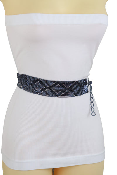 Women Hip High Waist Navy Blue Beads Waistband Wrap Around Tie Belt Adjustable Band Fit Size M L