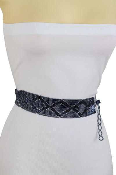 Brand New Women Hip High Waist Navy Blue Beads Waistband Wrap Around Tie Belt Fit Size M L