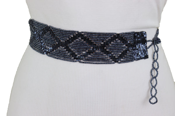 Women Hip High Waist Navy Blue Beads Waistband Wrap Around Tie Belt Adjustable Band Fit Size M L