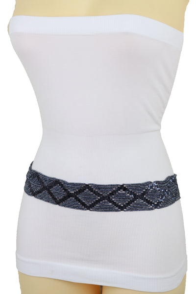 Brand New Women Hip High Waist Navy Blue Beads Waistband Wrap Around Tie Belt Fit Size M L