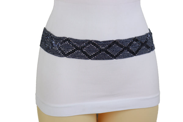 Brand New Women Hip High Waist Navy Blue Beads Waistband Wrap Around Tie Belt Fit Size M L