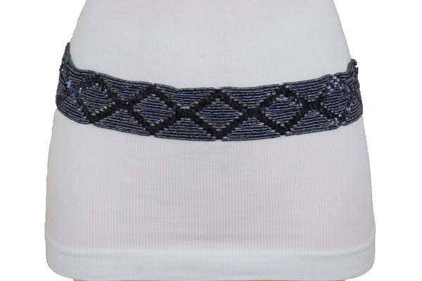 Brand New Women Hip High Waist Navy Blue Beads Waistband Wrap Around Tie Belt Fit Size M L