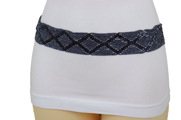 Brand New Women Hip High Waist Navy Blue Beads Waistband Wrap Around Tie Belt Fit Size M L