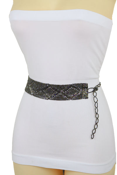 Women High Waist Hip Bronze Green Beads Wrap Around Tie Fashion Belt Adjustable Band Size M L