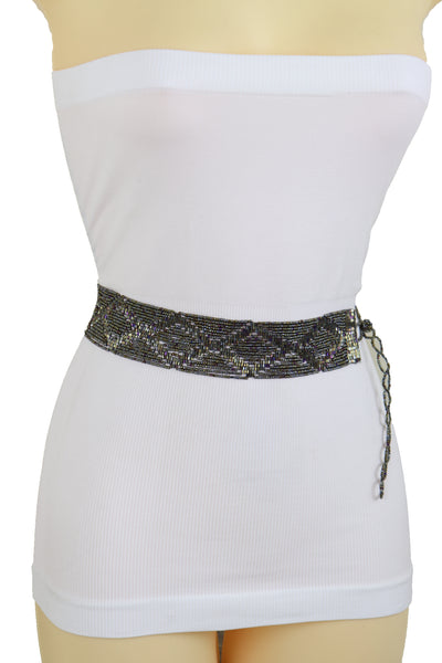 Women High Waist Hip Bronze Green Beads Wrap Around Tie Fashion Belt Adjustable Band Size M L