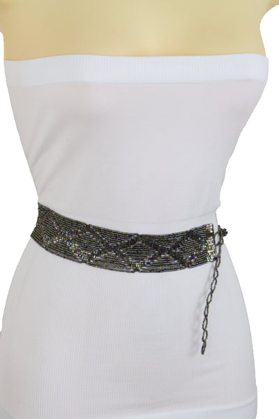 Brand New Women High Waist Hip Bronze Green Beads Wrap Around Tie Fashion Belt Size M L