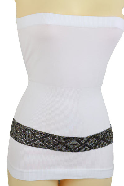Women High Waist Hip Bronze Green Beads Wrap Around Tie Fashion Belt Adjustable Band Size M L