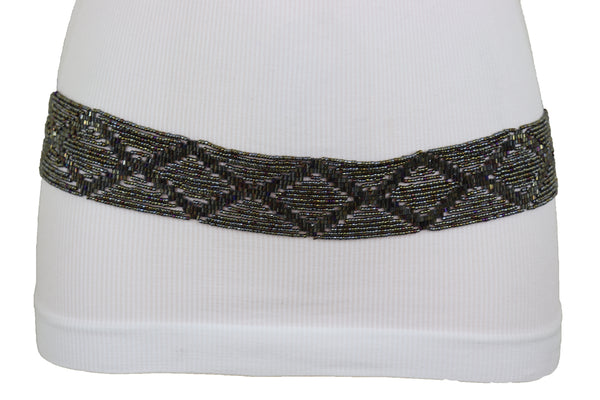 Women High Waist Hip Bronze Green Beads Wrap Around Tie Fashion Belt Adjustable Band Size M L