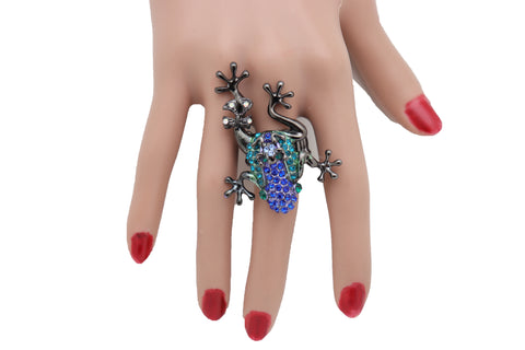 Brand New Women Pewter Black Ring Metal Fashion Bling Blue Frog Adjustable Band One Size