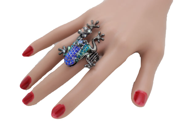 Brand New Women Pewter Black Ring Metal Fashion Bling Blue Frog Adjustable Band One Size