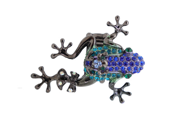 Brand New Women Pewter Black Ring Metal Fashion Bling Blue Frog Adjustable Band One Size