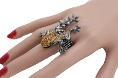 Women Black Ring Metal Fashion Gold Frog Animal Jewelry Elastic Band One Size Fits All