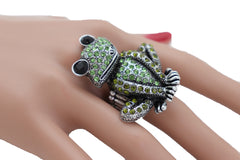 Women Silver Metal Ring Elastic Band Green Color Frog One Size Fits All